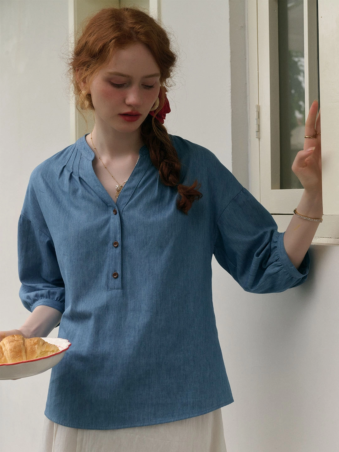 Casual Sweater Winter Accessories Carolina Casual V-neck Button Front Three Quarter Sleeve Cotton Blouse