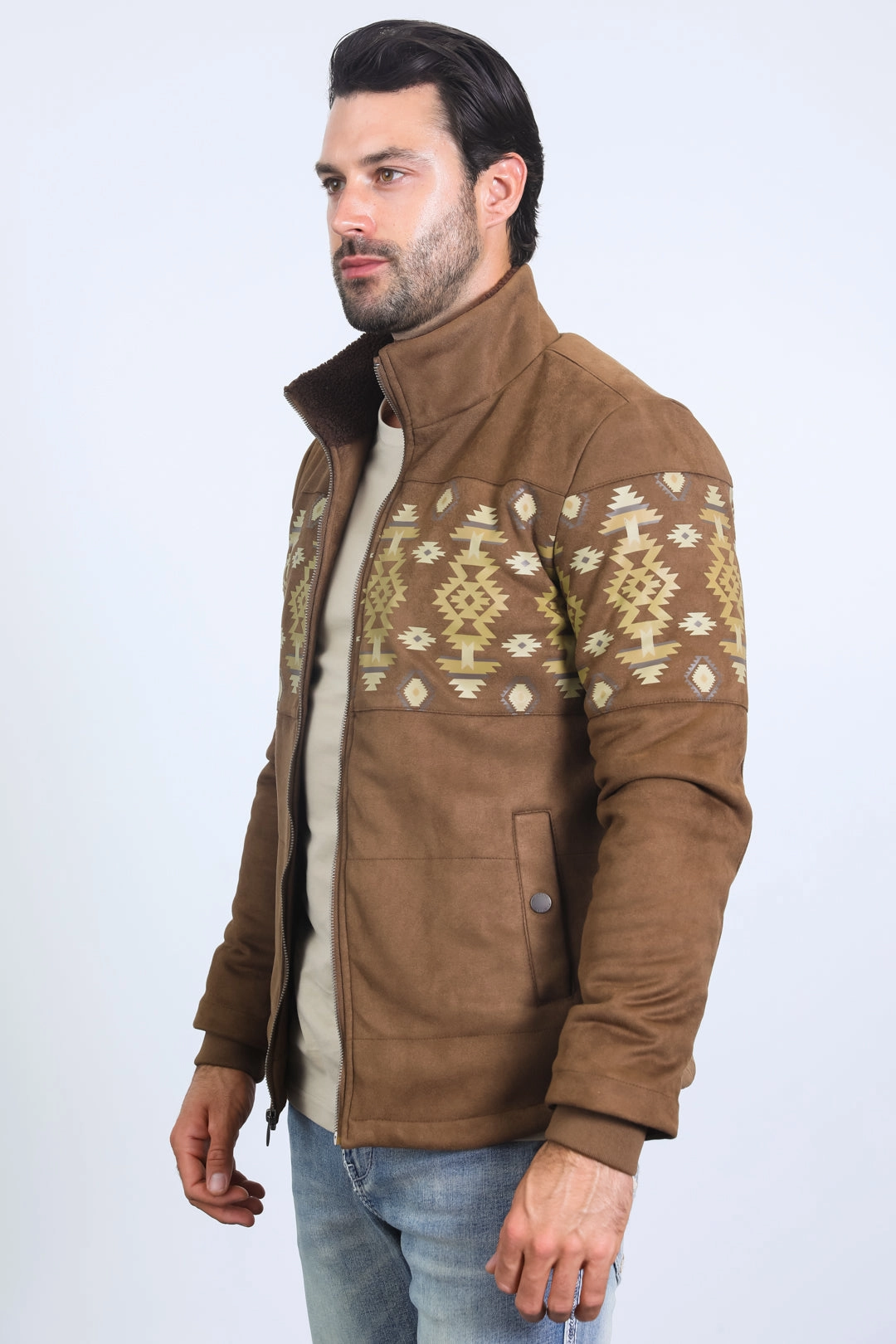 Men's Ethnic Aztec Quilted Fur Lined Brown Jacket NonIrritatingSeams