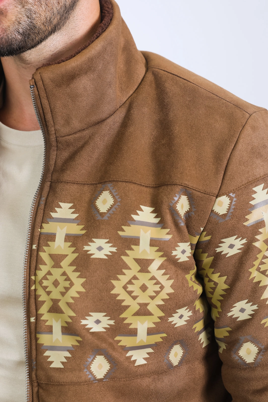 Lift Mode Men's Ethnic Aztec Quilted Fur Lined Brown Jacket