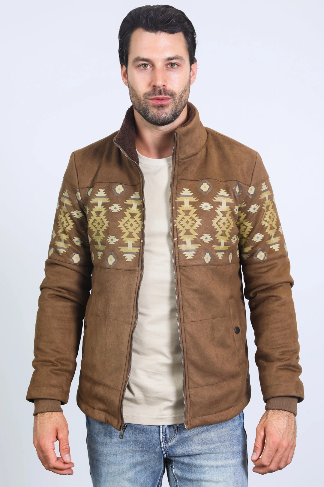 New Day CompactKnit Men's Ethnic Aztec Quilted Fur Lined Brown Jacket