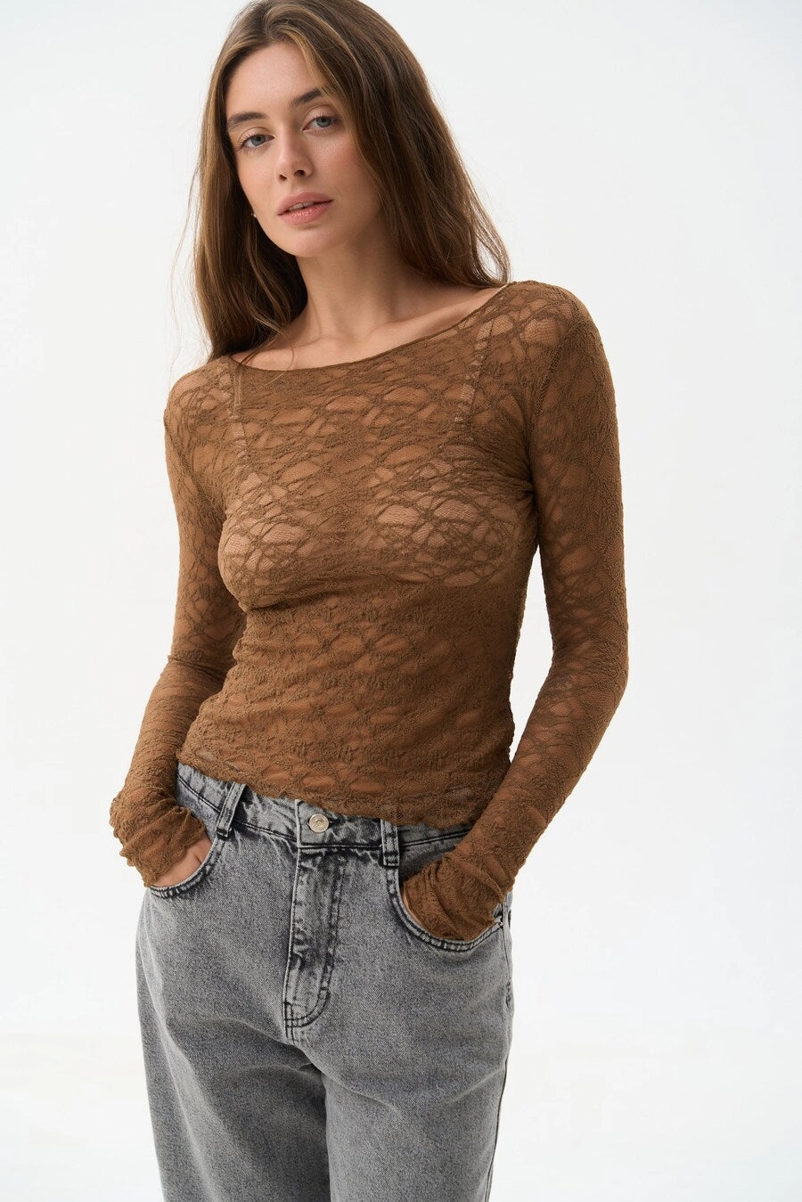 Fashionable Trend Drawing Brown Lace Long Sleeve Top