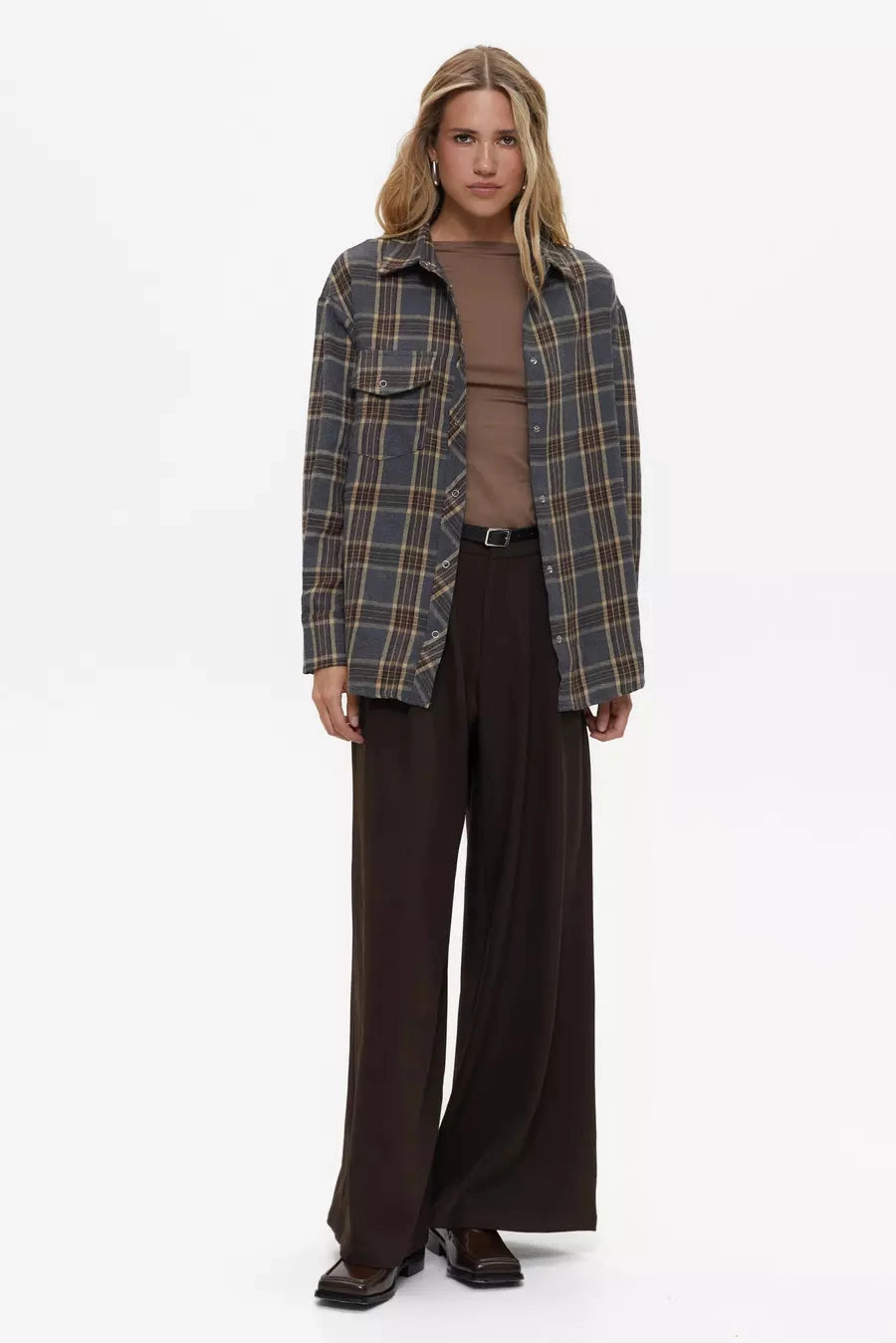 Brown Large Check Shirt Ribbed Trim