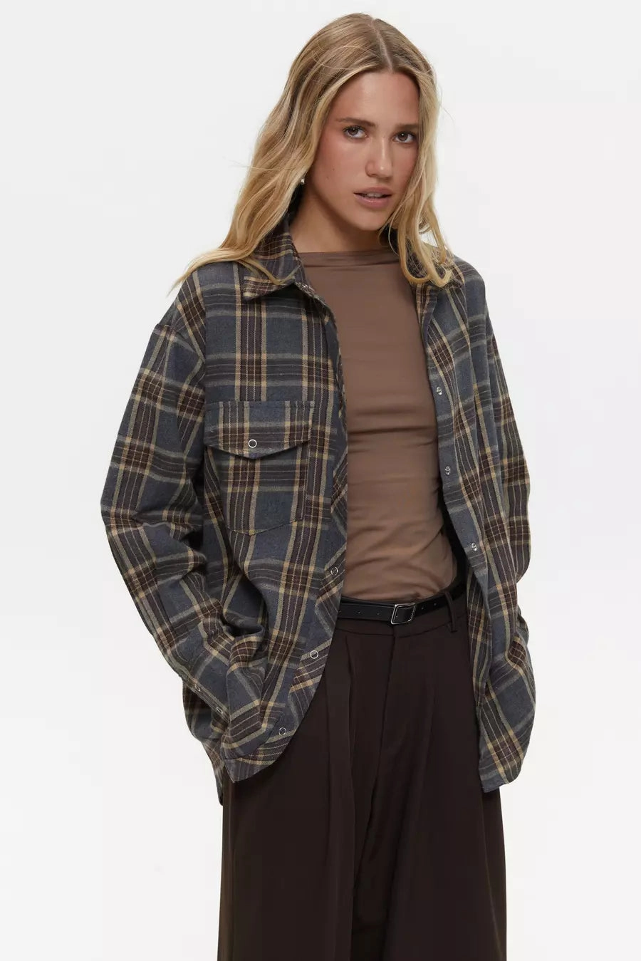 Compact Fold Design Brown Large Check Shirt
