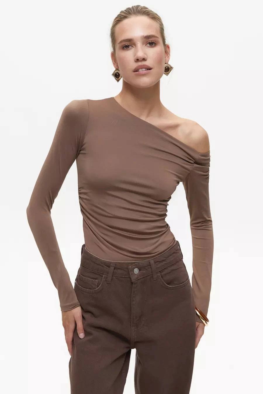 Four Way Stretch Fabric Brown Off Shoulder Bodysuit