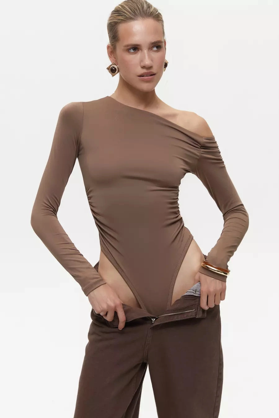 Brown Off Shoulder Bodysuit Cozy Sweatshirt Low Maintenance