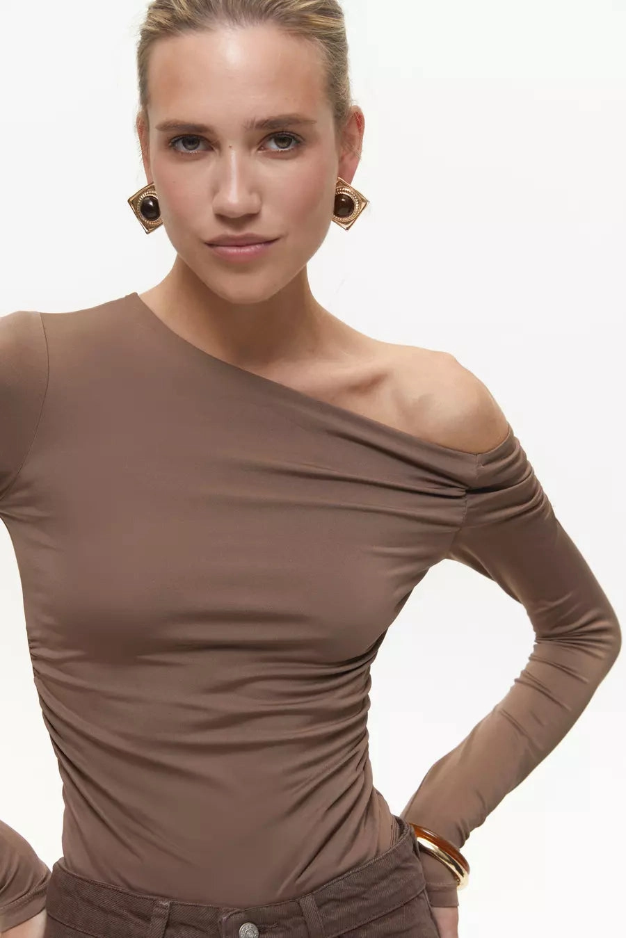 Brown Off Shoulder Bodysuit Comfy Fashion