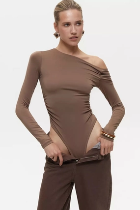 Ventilated Underarm Snug Fit Brown Off Shoulder Bodysuit
