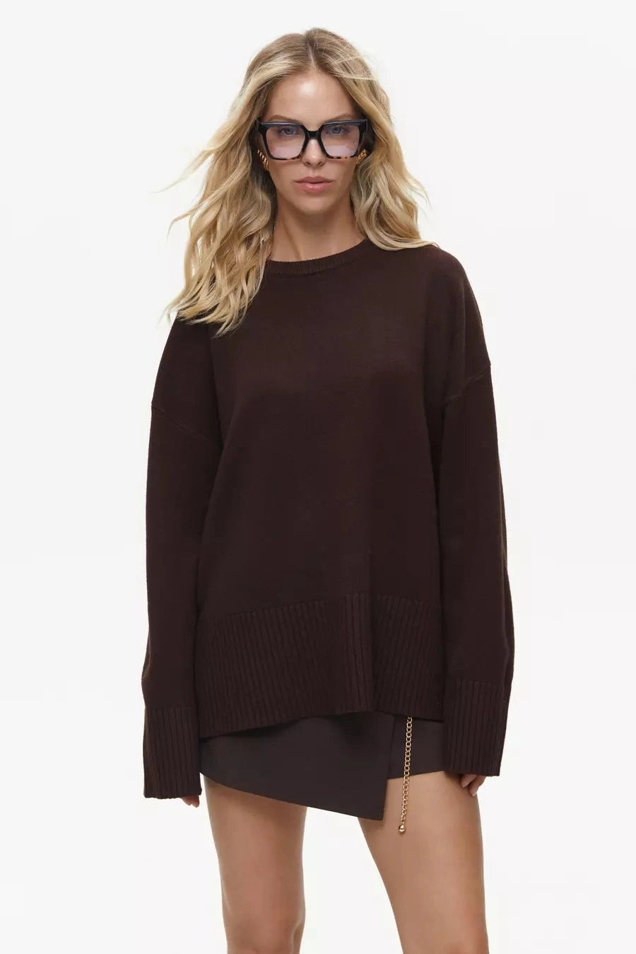 Brown Oversized Sweater with Slits Layered Look