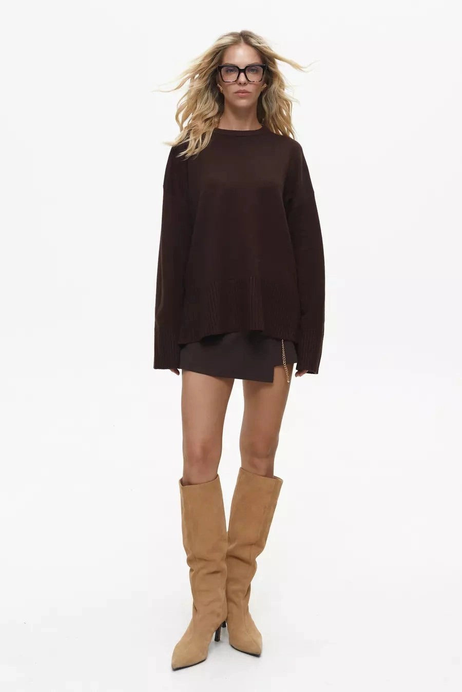 Light Warmth Brown Oversized Sweater with Slits