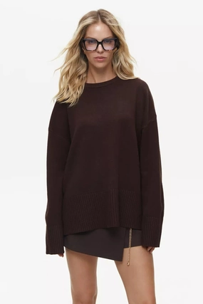 Brown Oversized Sweater with Slits Layered Look