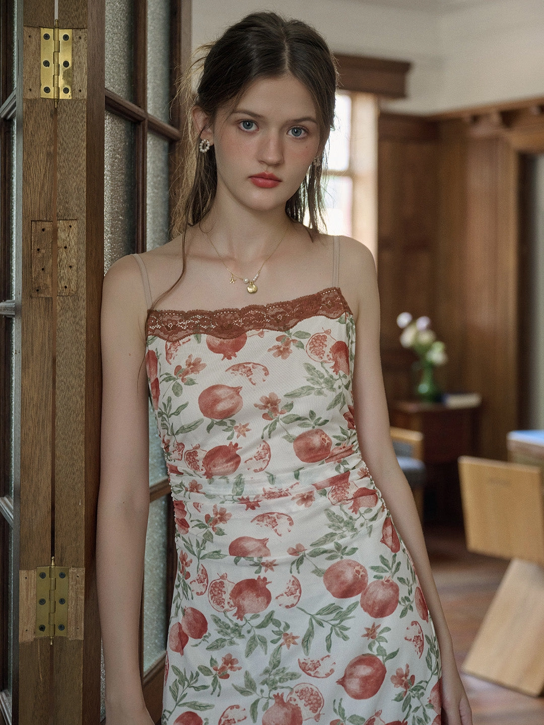 ??Final Sale??Violet Romantic Pomegranate Print Lace Square Neck Sling Dress Champion Glow Date Vibe