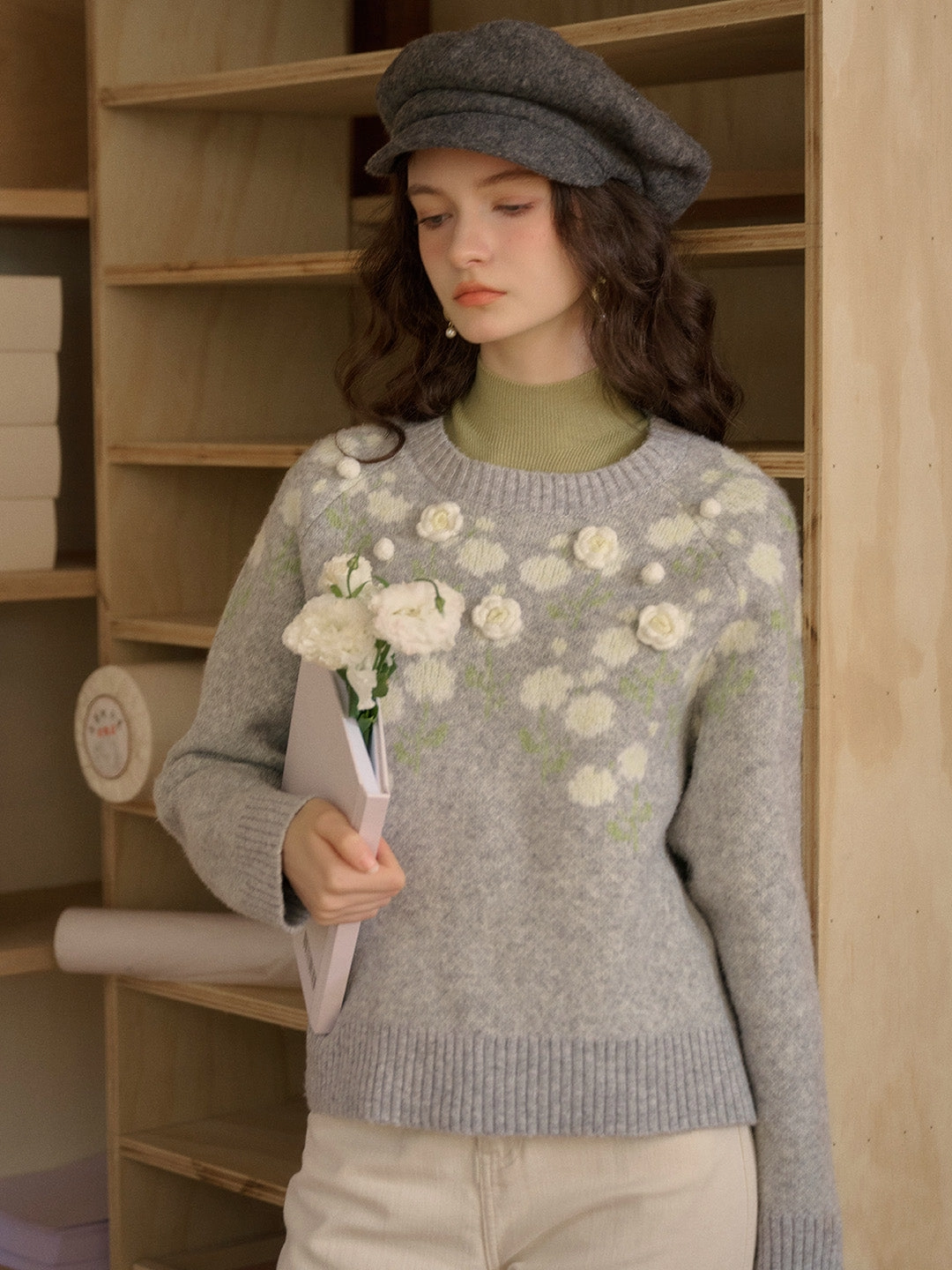 Brynleigh Ribbed Crew Neck Jacquard Rose & 3D Rose Sweater Quick Wear