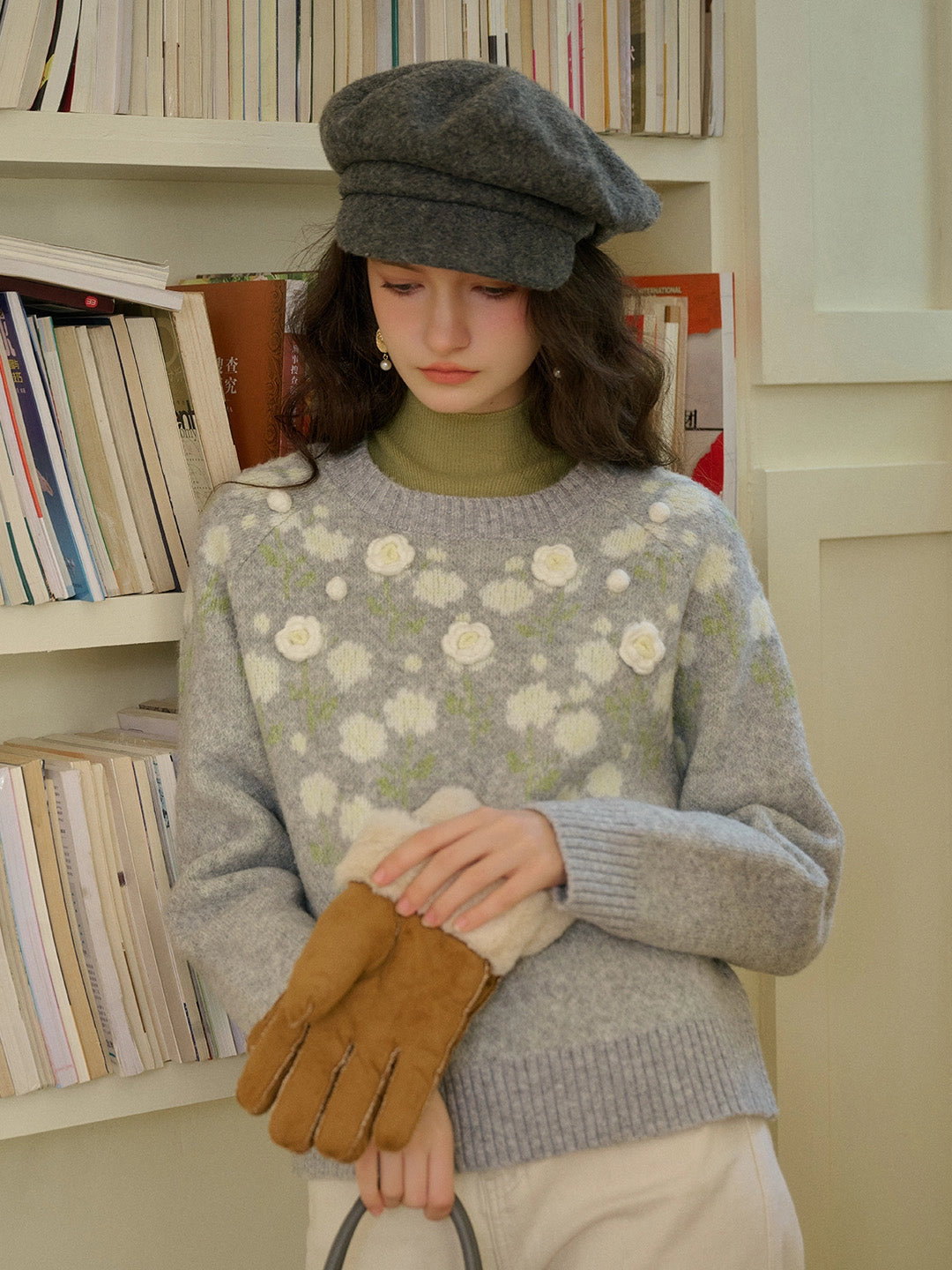 Street Edge Brynleigh Ribbed Crew Neck Jacquard Rose & 3D Rose Sweater