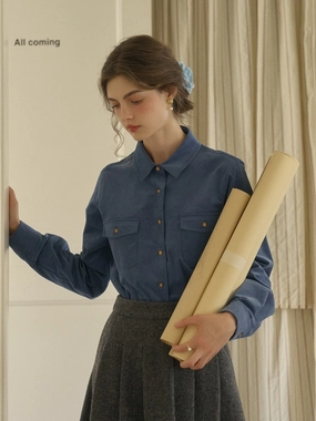 Lisa Classic Notched Collar Pocket Corduroy Shirt - Blue Wild Mood