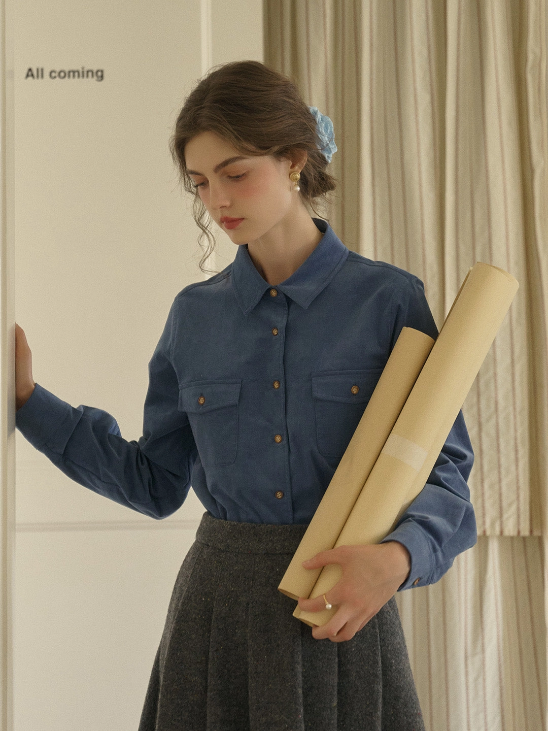 Lisa Classic Notched Collar Pocket Corduroy Shirt - Blue Layering Piece