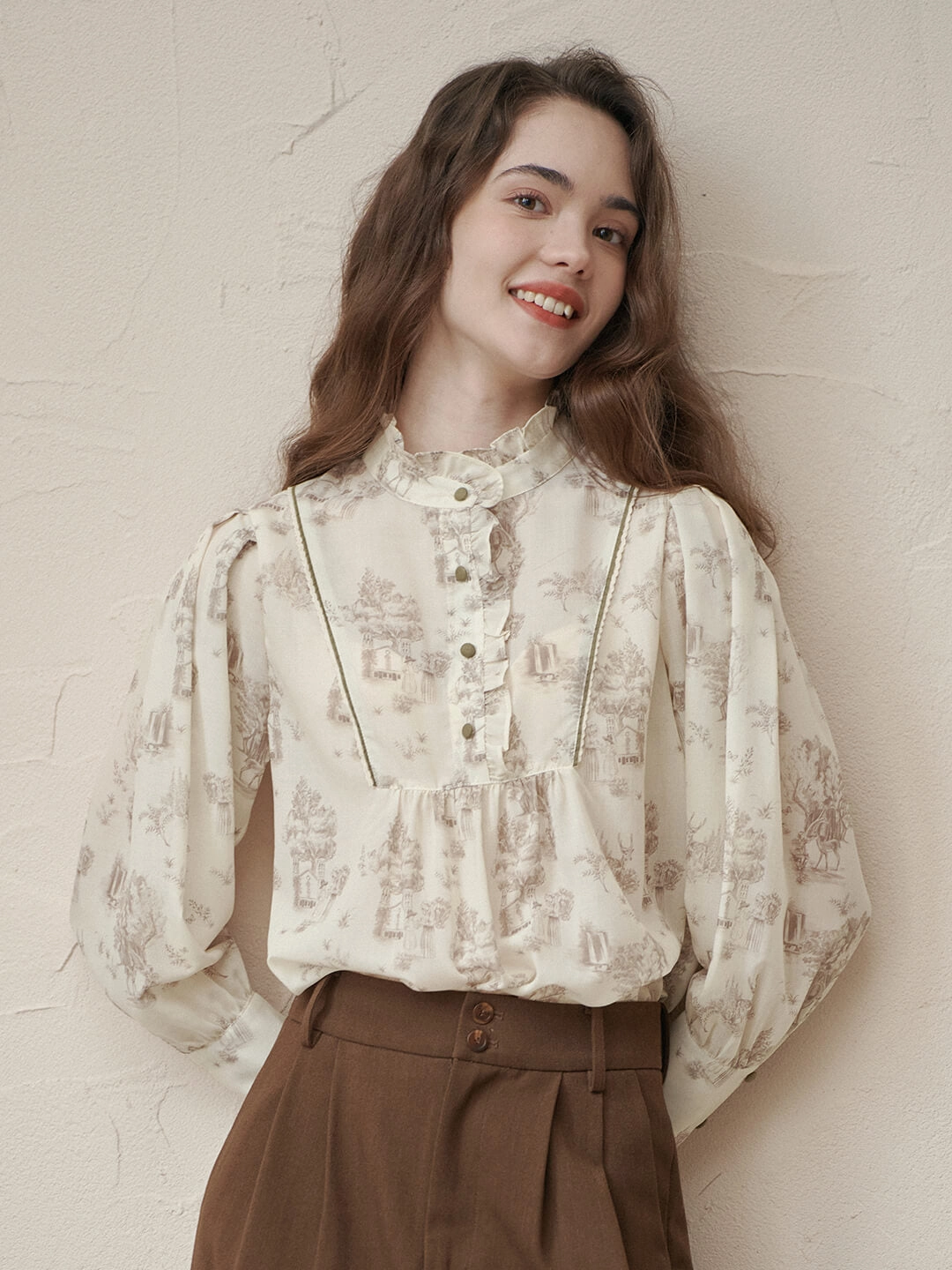 SlipResistantHem Village Charm Candance Apricot Stand Collar Blouse