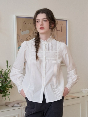 MicroPerforatedTexture Carter Stand Collar Hollow Lyocell Cotton Blouse