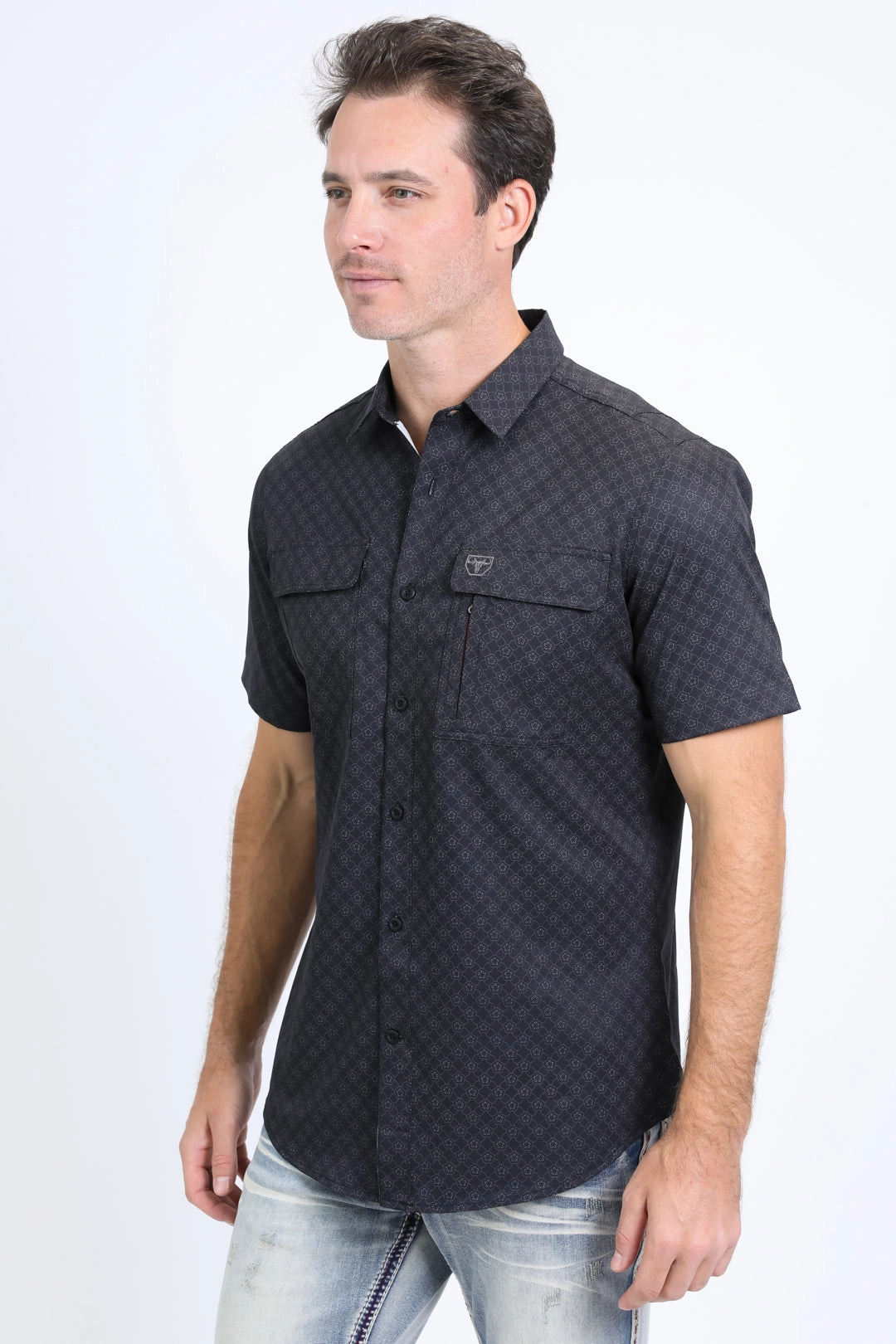Active Lifestyle Camouflage Print Mens Performance Western Short Sleeve Aztec Print Black Shirt