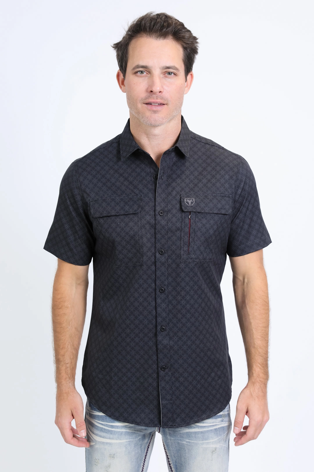 Mens Performance Western Short Sleeve Aztec Print Black Shirt Smooth Stitch Pattern Subtle pattern