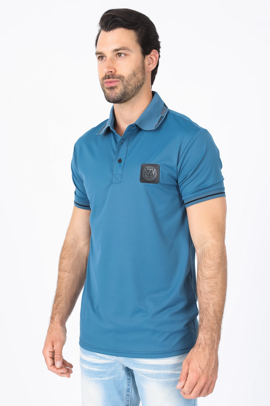 Sporty Vibe DoubleLayered Fabric Mens Modern Fit Stretch Cotton Teal Polo