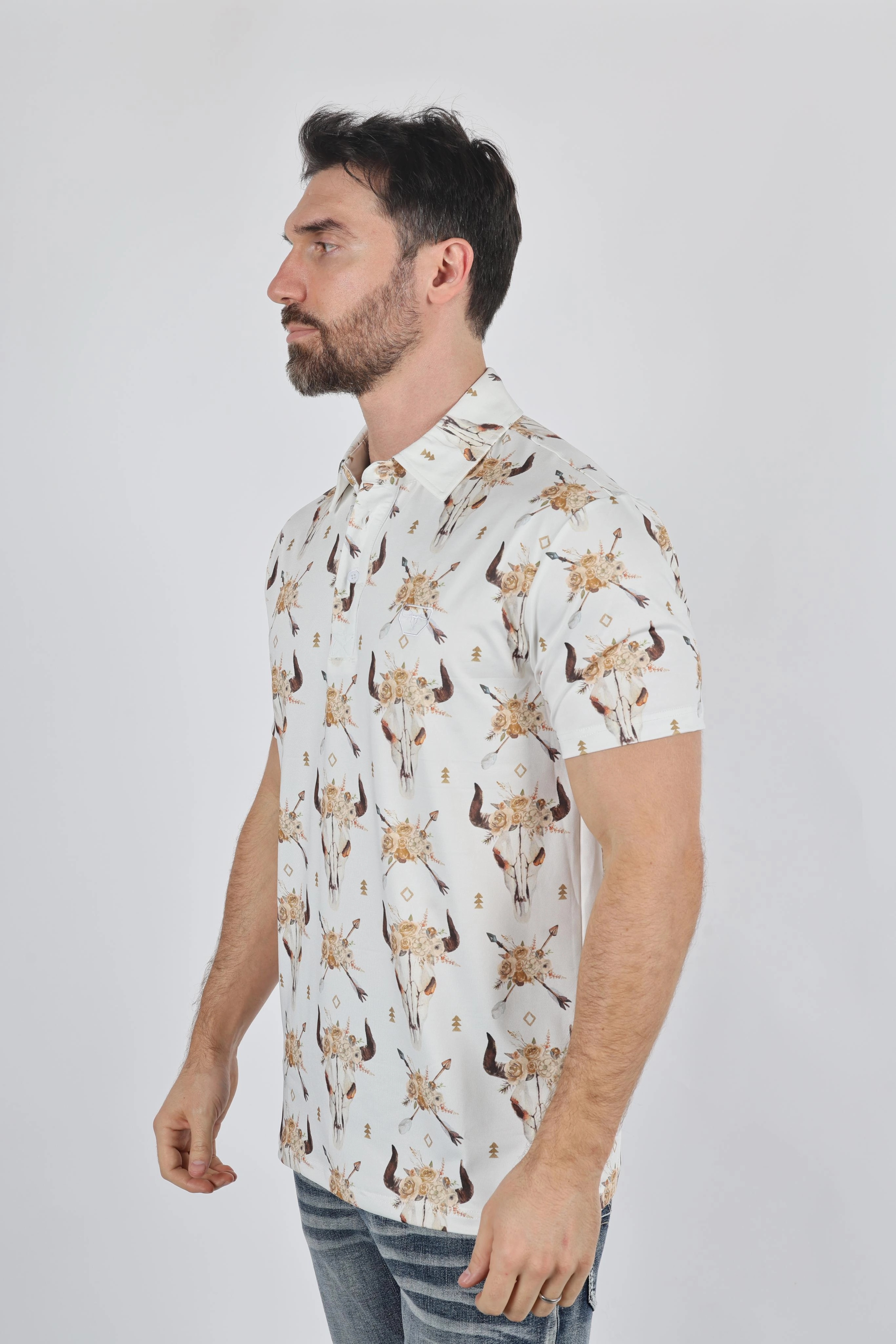 Comfy Stretch Mens Performance Fabric Modern Fit Stretch Cow Skull Print Polo