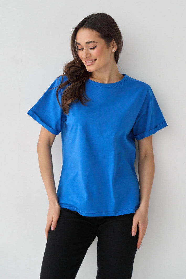 Easy Layering Polish Tone Electric Blue Oversized Roll Up Sleeve T-Shirt