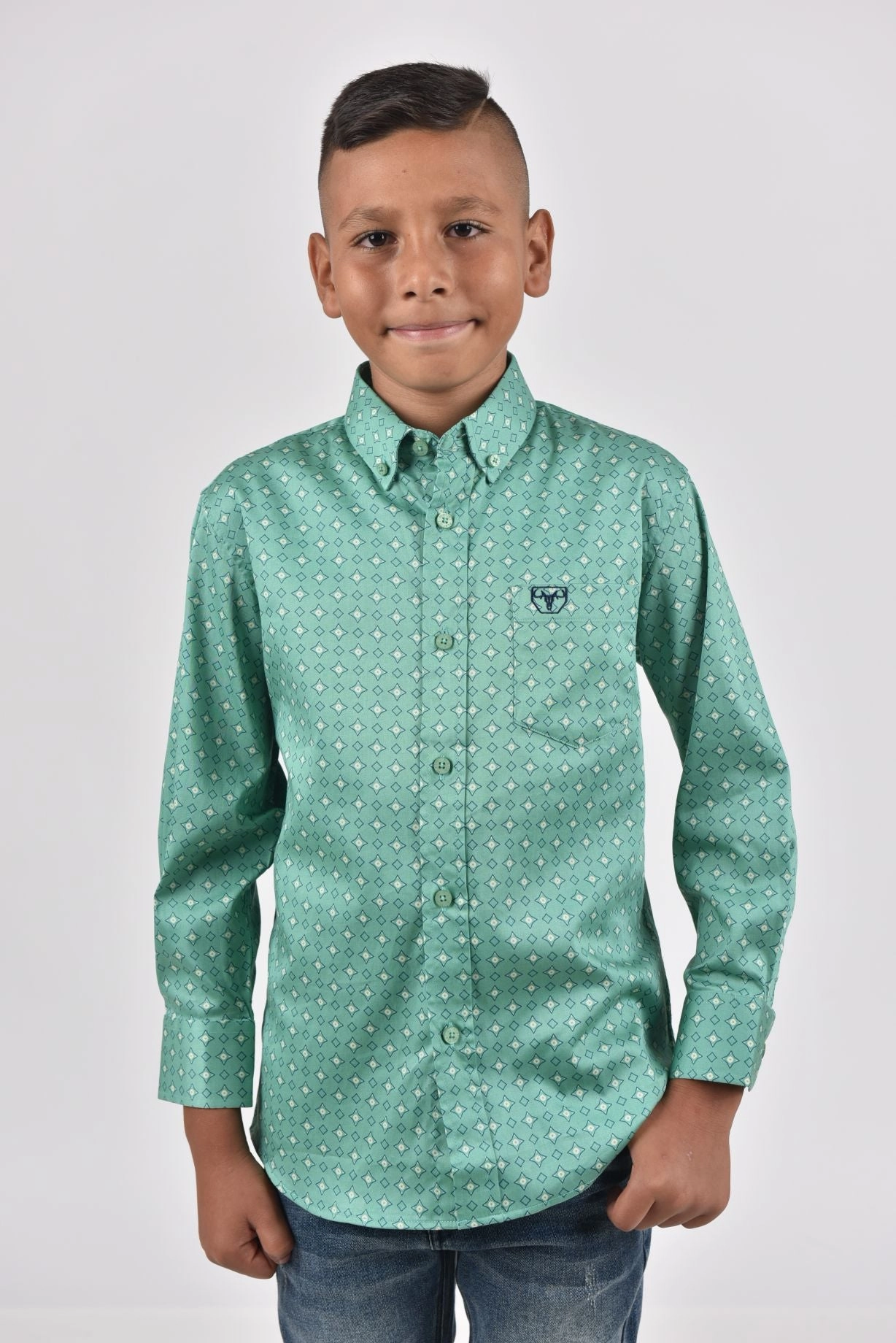 Anti Pilling Treatment Kid's Cotton Green Monogram Digital Print Dress Shirt