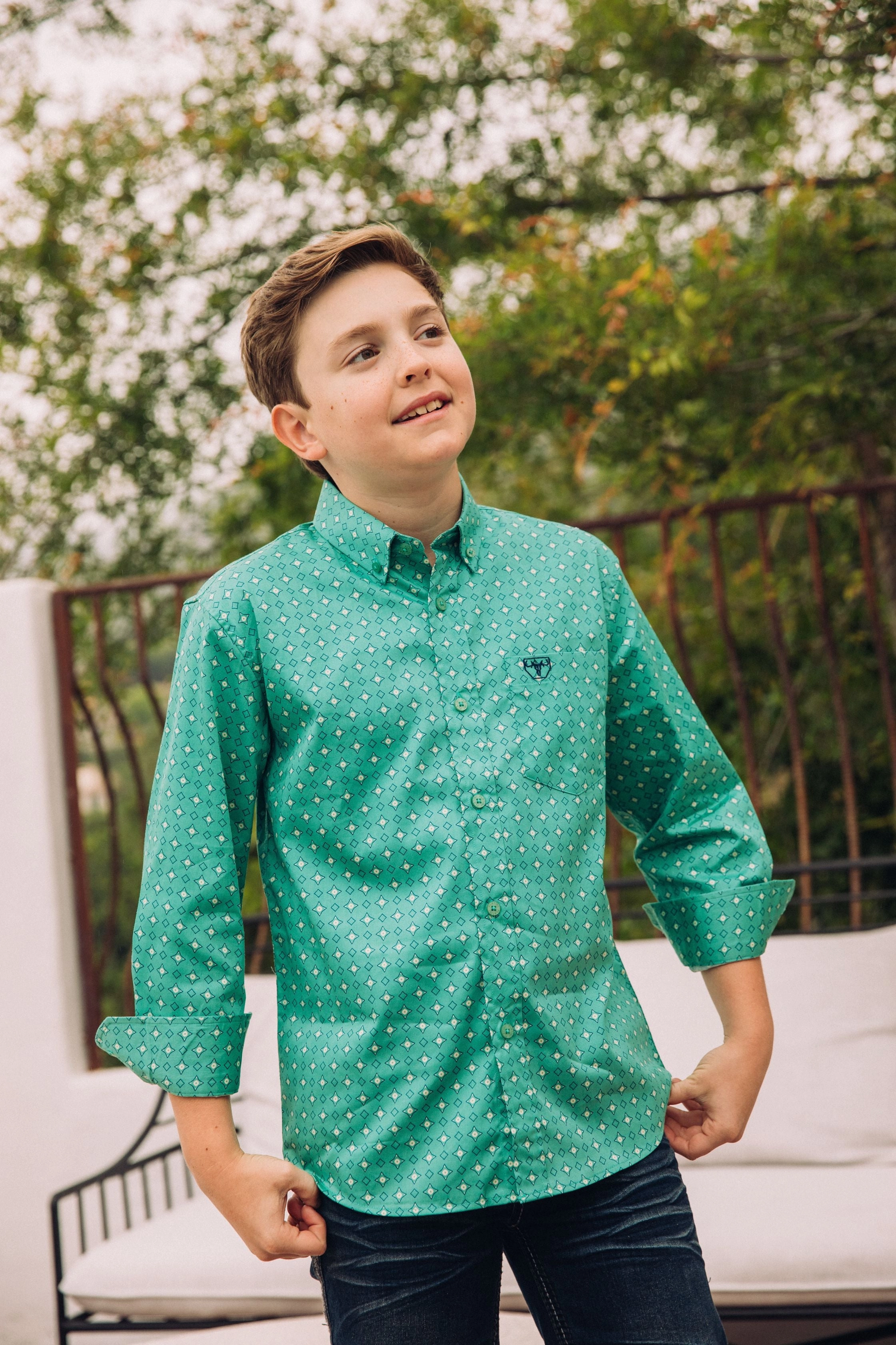 Kid's Cotton Green Monogram Digital Print Dress Shirt Casual Option Picnic Outfit