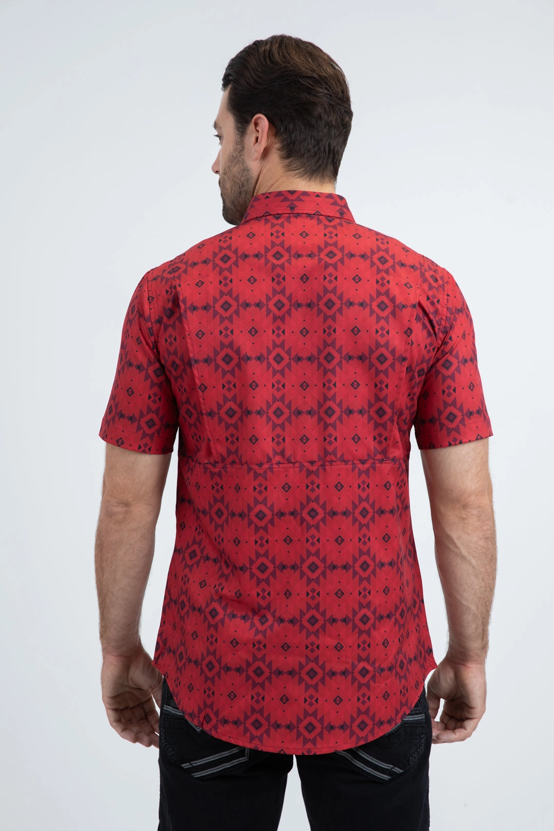 Men's Performance Western Short Sleeve Red Shirt Breathable Underarm Vents Layered Hemline