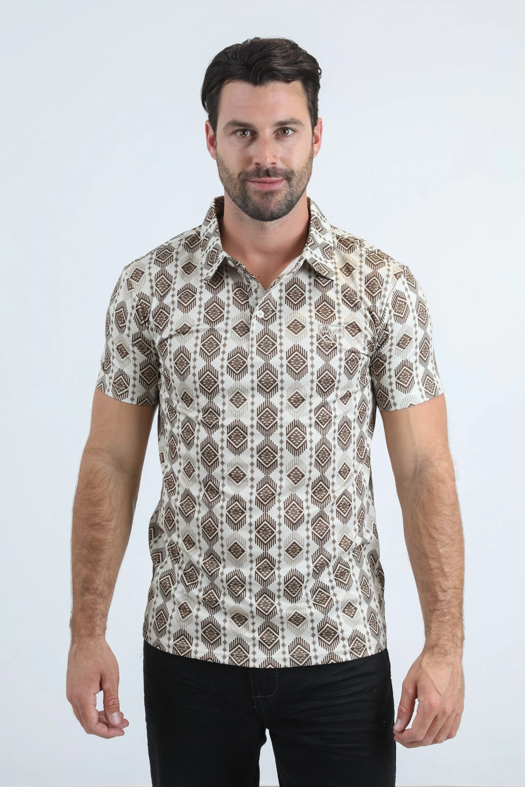 Comfy Apparel Barrel Cuff Design Mens Performance Fabric Modern Fit Stretch Aztec Print Beige Polo