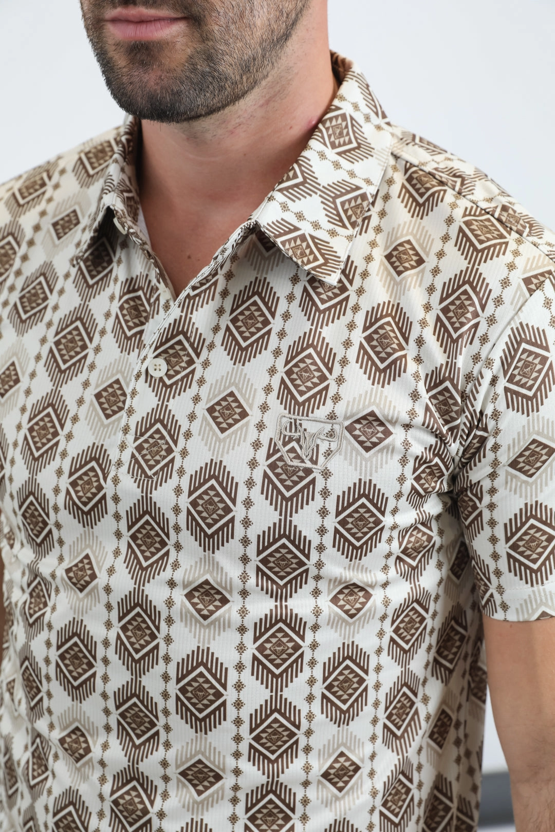 Classic Look Mens Performance Fabric Modern Fit Stretch Aztec Print Beige Polo