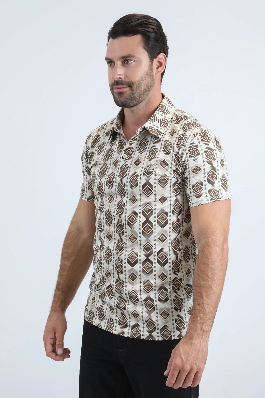 Fashionable Shirt Comfy Essentials Mens Performance Fabric Modern Fit Stretch Aztec Print Beige Polo