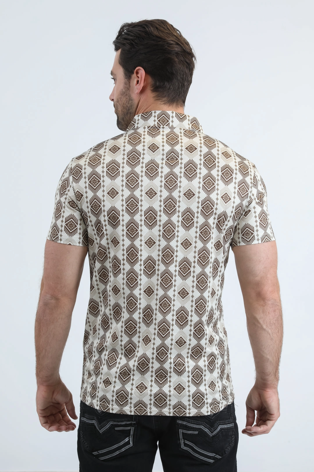 UVBlocking Fabric Tech Twill Tape Reinforcement Mens Performance Fabric Modern Fit Stretch Aztec Print Beige Polo