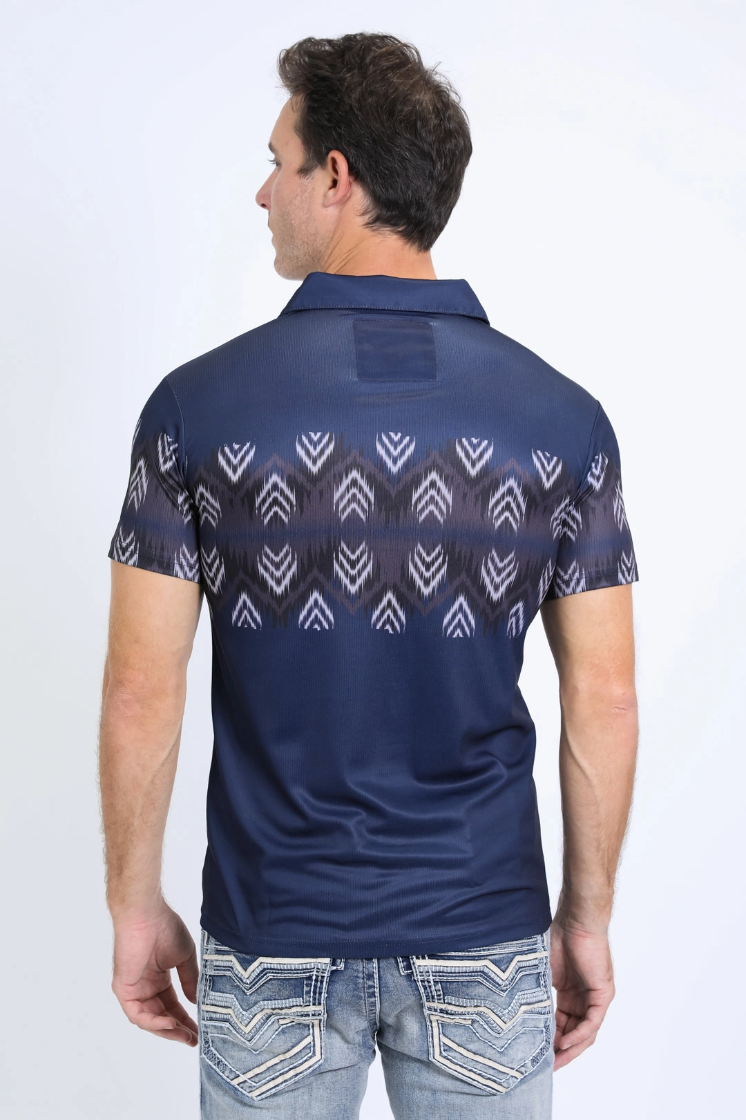 Comfort First Men's Performance Fabric Aztec Panoramic Print Navy Polo