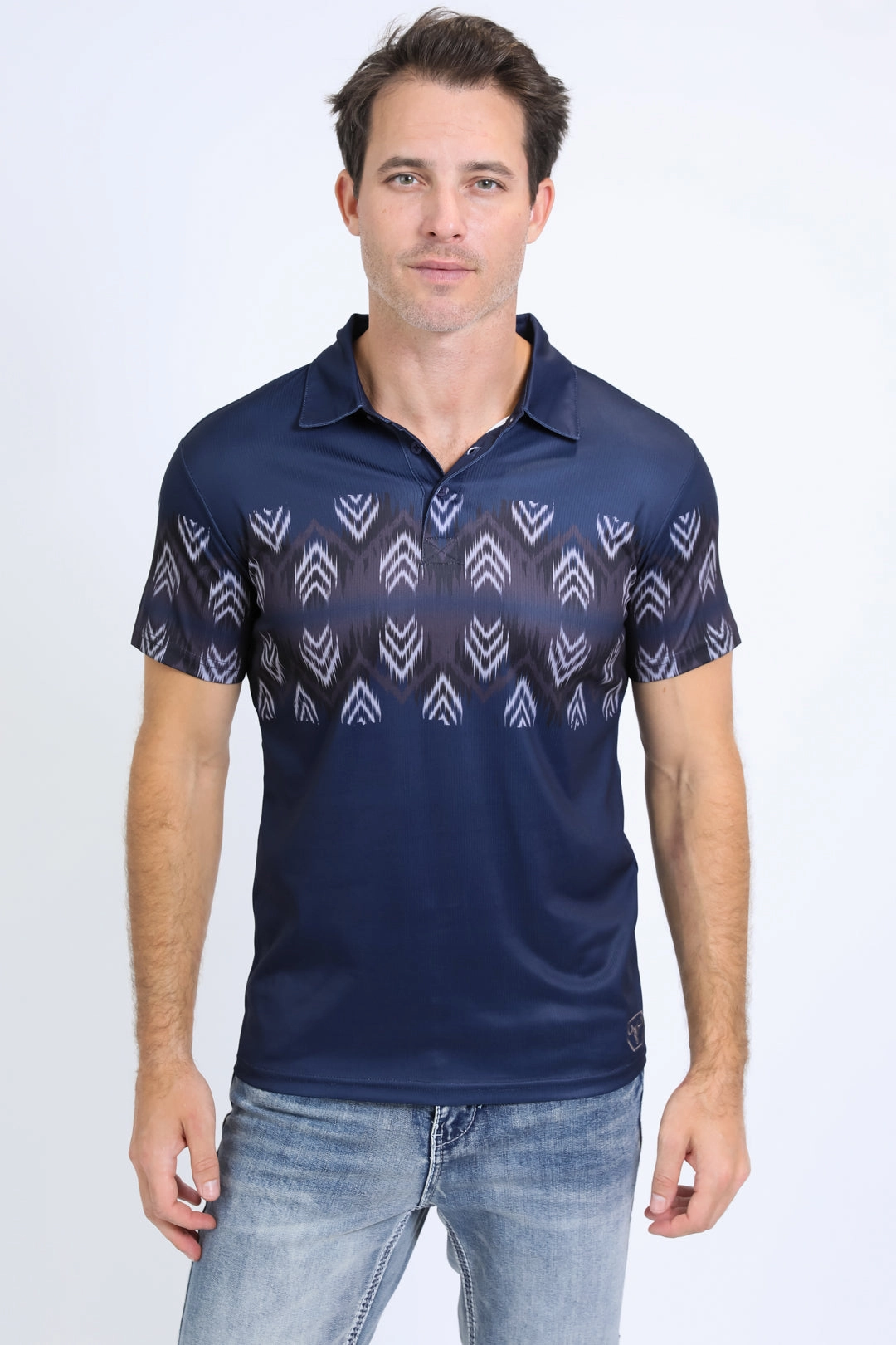 Men's Performance Fabric Aztec Panoramic Print Navy Polo Premium Shirt Layered Vibe