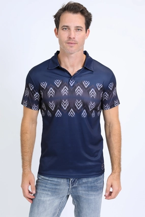 Men's Performance Fabric Aztec Panoramic Print Navy Polo Premium Shirt Layered Vibe