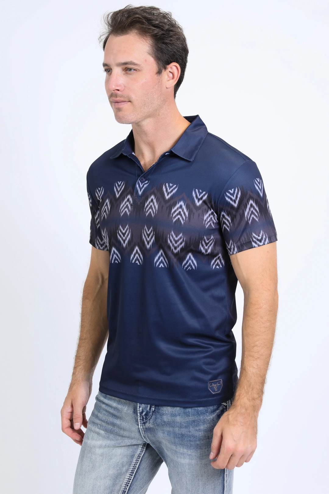 Timeless Shirt Men's Performance Fabric Aztec Panoramic Print Navy Polo