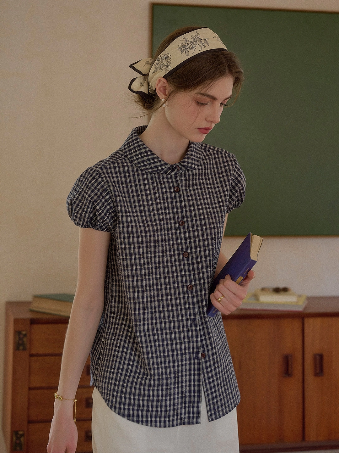 Chloe Peter Pan Collar Plaid Cotton Blouse DoubleStitched King Mode