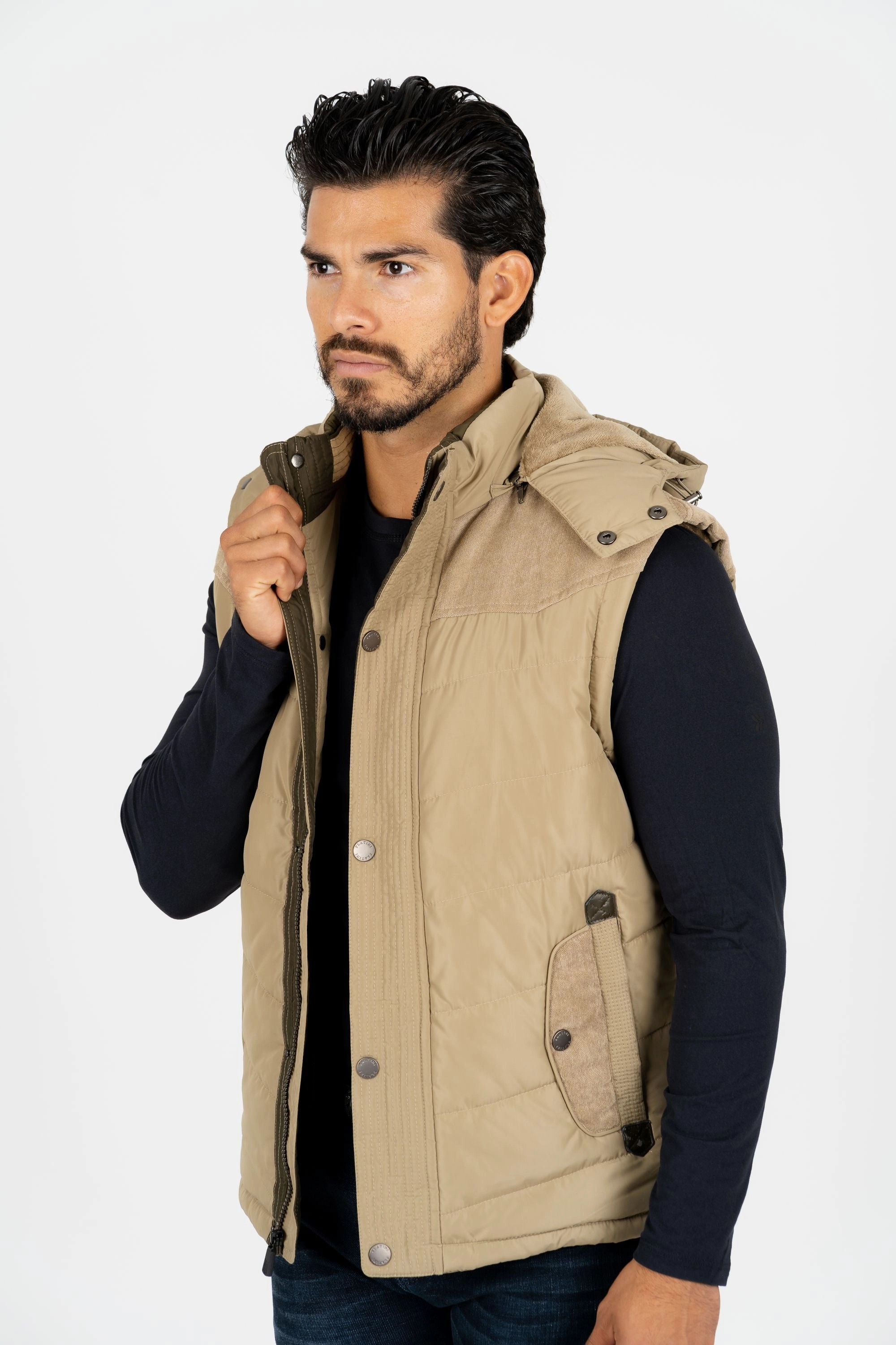 Men's Khaki Padded Hooded Vest w/ Faux Fur Lining Durable Water Repellent Finish