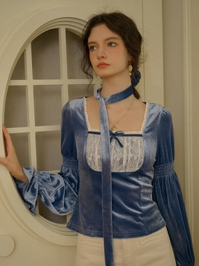 ??Final Sale??Nicolette Square Neck Bow Boluse PreShrunkFabric