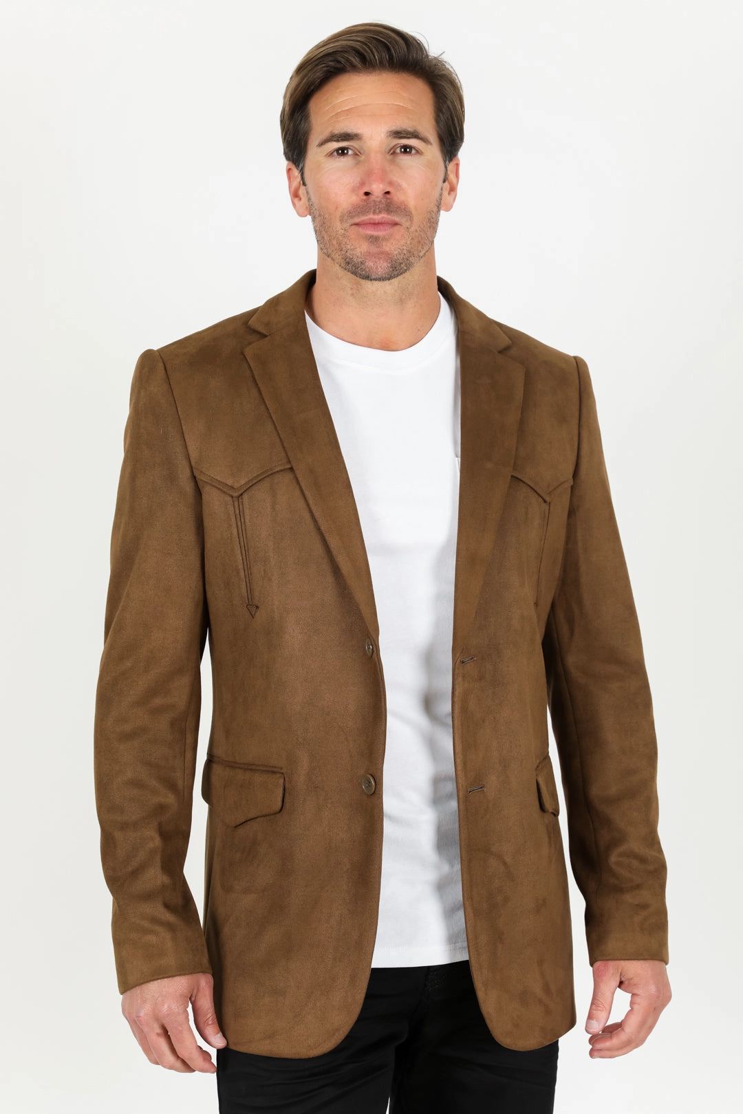 Ergonomic Cut Reinforced Hem Men's Double Button Faux-Suede Blazer - Brown