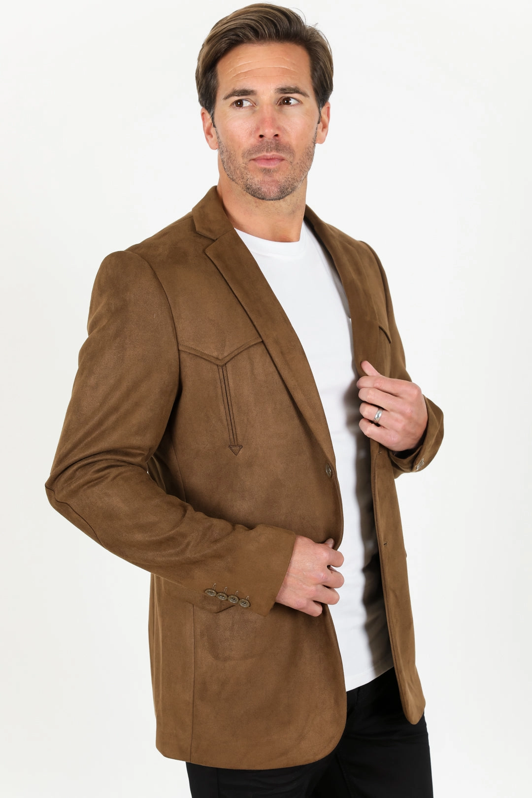 Men's Double Button Faux-Suede Blazer - Brown MultiPocket Design
