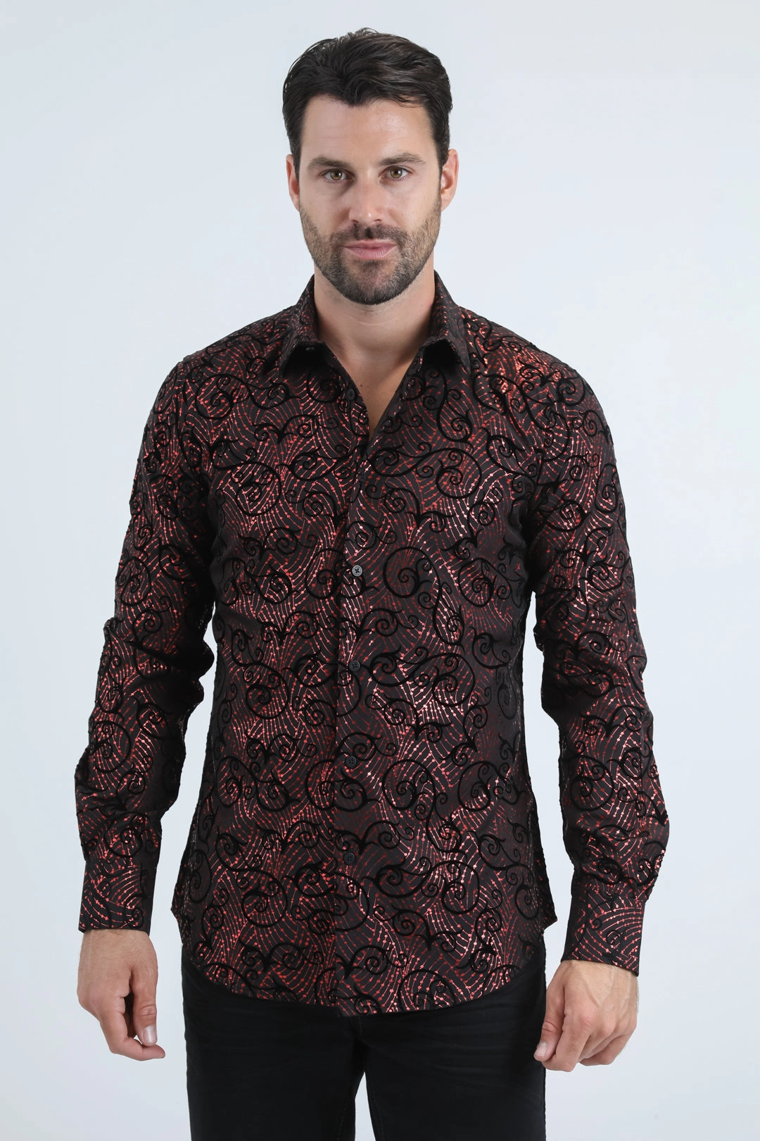 Men's Flocked Modern Fit Spandex Black Shirt All-Purpose Wear Anniversary Special