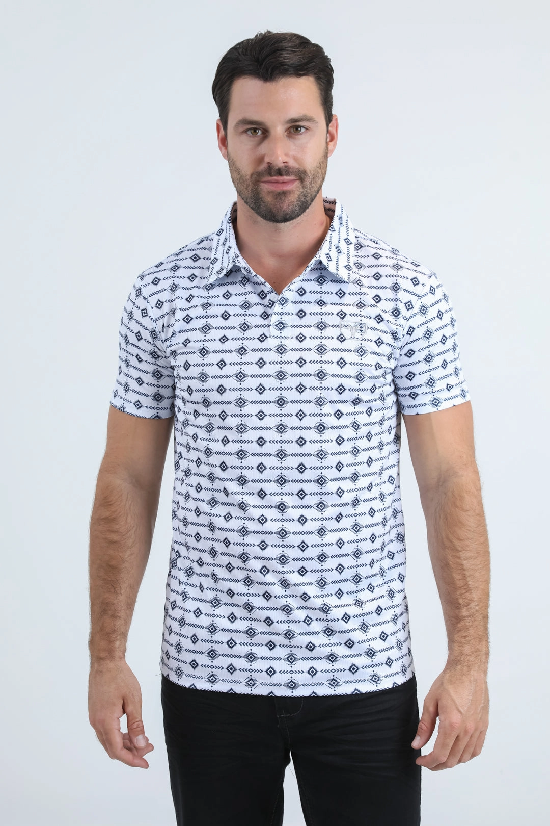 SoftCheckered Weave QuickDry Technology Mens Performance Fabric Modern Fit Stretch Aztec Print White Polo