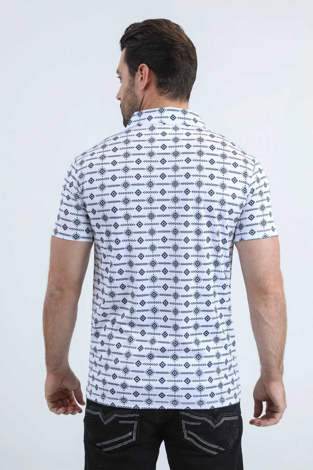 Mens Performance Fabric Modern Fit Stretch Aztec Print White Polo Comfort Wear comfortable top