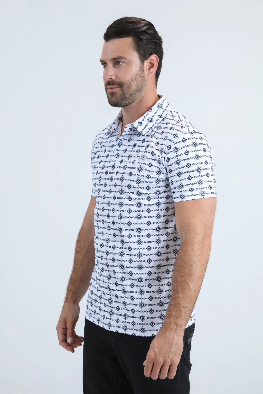 Casual Wear Comfort Wear Mens Performance Fabric Modern Fit Stretch Aztec Print White Polo