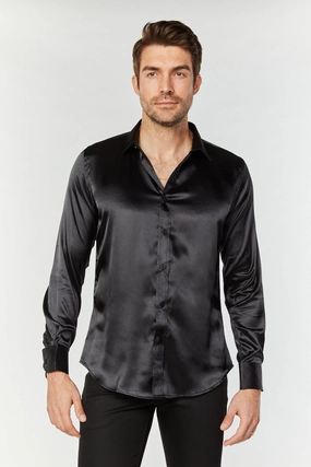 Men's Satin Black Dress Shirt Fashion Comfort