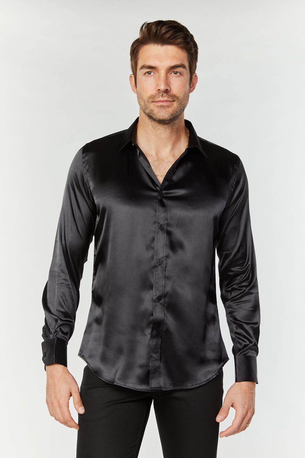 Men's Satin Black Dress Shirt Fashion Comfort