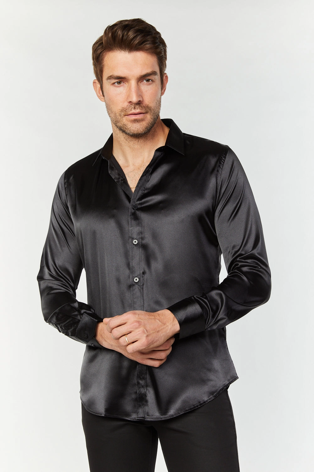 Casual Look Men's Satin Black Dress Shirt