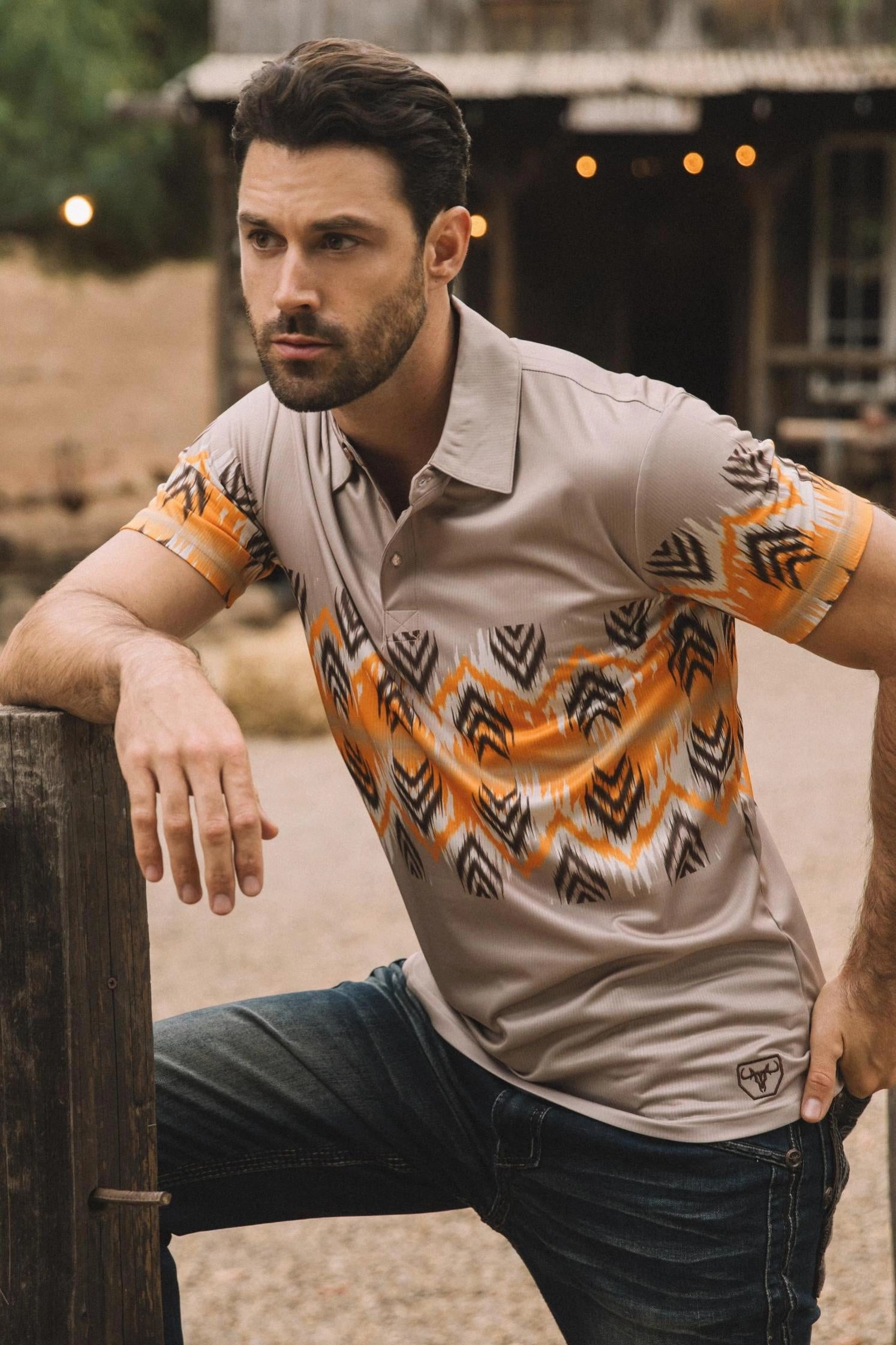 Comfort Fit Breathable Style Men's Performance Fabric Aztec Panoramic Print Khaki Polo